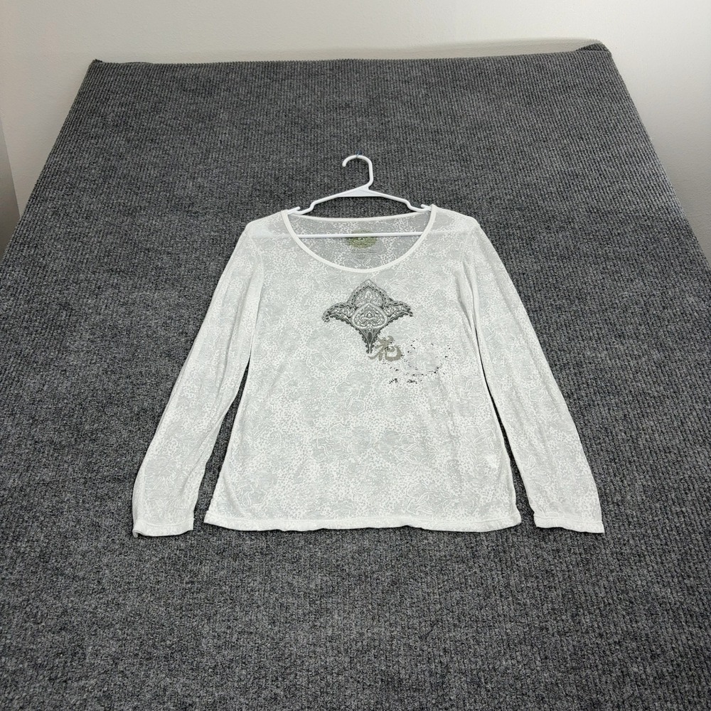 Y2K T Shirt Womens S White Organic Cotton Graphic Paisley Burnout Boho Thin